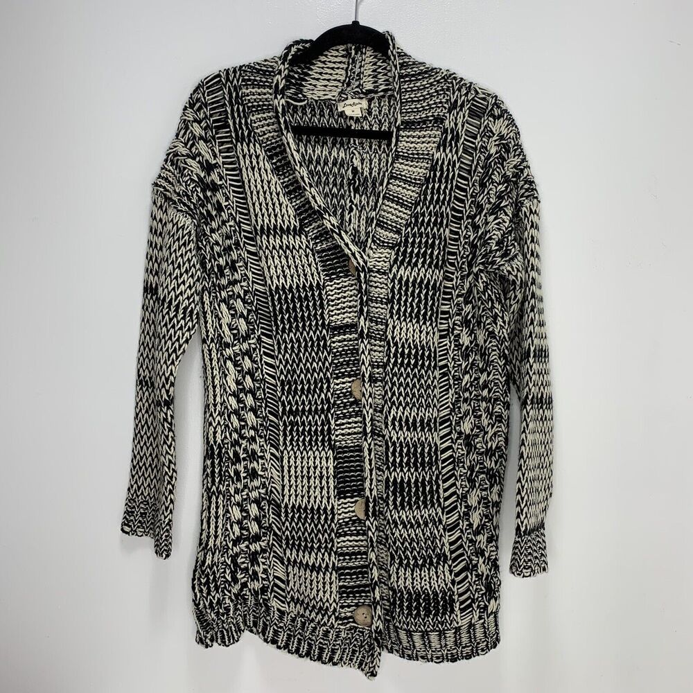 LoveRiche Womens Cardigan Sweater Chunky Knit Long Black White Sz M